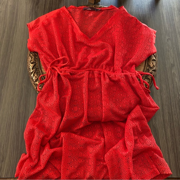 🍒 3/$35 PRANA Cherry Red Mesh ELLIOT Cinch-Tie Waist S/S Cover-Up-L - Picture 10 of 16